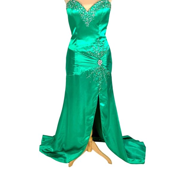 Precious Formal Strapless Sweetheart Neck Jeweled Slit Gown 8 Emerald Prom - Picture 2 of 15